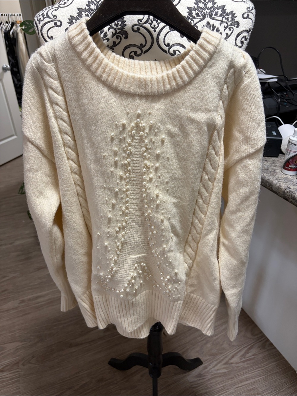 Karl Lagerfeld Ivory Cable Knit Sweater Paris pearl embellishment
